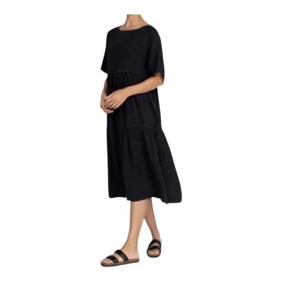 JOHNNY WAS Calme Black Raglan Tiered Cotton Gauze Dress - Picture 1 of 8